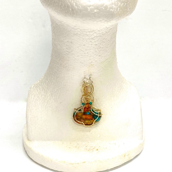 HANDMADE Spiny Oyster Turquoise  Hand Wrapped Gold Plate Statement Pendant - Picture 2 of 10